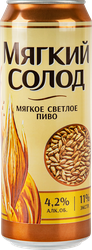Пиво светлое МЯГКИЙ СОЛОД Мягкое фильтрованное пастеризованный 4,2%, 0.45л, фото