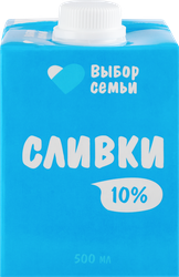 Сливки ультрапастеризованные ВЫБОР СЕМЬИ 10%, без змж, 500мл, изображение