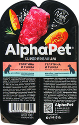 Корм влажный для собак ALPHAPET Superpemium Телятина и тыква мясные кусочки в соусе, с чувствительным пищеварением, 100г, детальное фото