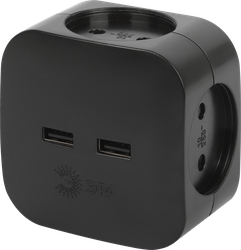 Разветвитель электрический ЭРА SP-4-USB-B на 4 розетки+2xUSB, 2400mA, без заземления, 10А, черный, Арт. Б0049536, детальное фото