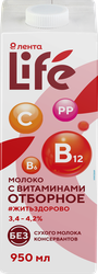 Молоко ультрапастеризованное ЛЕНТА LIFE отборное цельное с витаминами 3,4–4,2%, без змж, 950мл, изображение