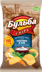 Чипсы картофельные БУЛЬБА CHIPS со вкусом сметаны и лука, 150г, крупный план