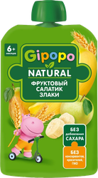 Пюре фруктово-злаковое GIPOPO Фруктовый салатик и злаки, яблоко, груша, банан и злаки, с 6 месяцев, 90г, фото
