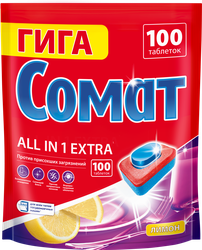 Таблетки для посудомоечной машины СОМАТ Все-в-1 Экстра Лимон, 100шт, крупный план
