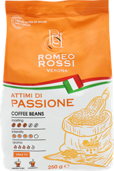 Кофе зерновой ROMEO ROSSI Attimi Di Passione натуральный жареный с кофеином, 250г, крупный план