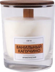 Свеча ароматическая HOMECLUB Ванильный капучино, в стакане с крышкой, деревянный фитиль, фотография