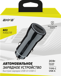 Зарядное устройство для автомобиля AXXA USB A+USB-C, PD QC 3.0 20W, черное, Арт. 2235, фото