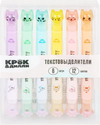 Набор текстовыделителей КРОК&ДИЛЛИ Лапки, двусторонние, 12 цветов, 6шт, изображение