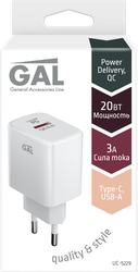 Сетевое зарядное устройство GAL PD 20Вт + QC3.0, Арт. UC-5229