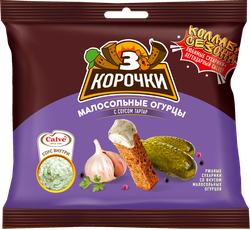 Сухарики ржаные ТРИ КОРОЧКИ Малосольные огурцы + соус тартар, 85г, изображение