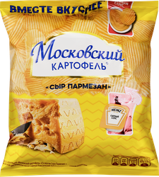 Чипсы картофельные МОСКОВСКИЙ КАРТОФЕЛЬ Рифленые, со вкусом сыра Пармезан и сырным соусом Heinz, 84,4г, детальное фото