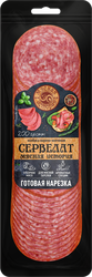Колбаса варено-копченая МЯСНАЯ ИСТОРИЯ Сервелат, нарезка, 200г, крупный план