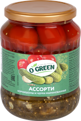 Ассорти маринованное O'GREEN корнишоны и томаты черри, 720мл, крупный план