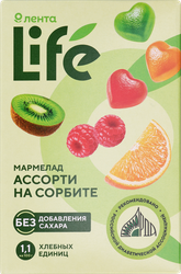 Мармелад желейно-формовой ЛЕНТА LIFE  со вкусом апельсина, малины и киви, на сорбите, 150г, вид