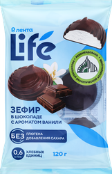 Зефир глазированный ЛЕНТА LIFE с ароматом ванили в шоколаде, без сахара, 120г, фотография