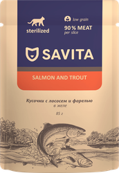 Корм влажный для взрослых кошек SAVITA с лососем и форелью в соусе, для стерилизованных, 85г, картинка