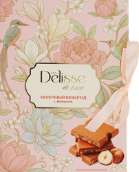 Шоколад молочный DELISSE DE LUXE с фундуком, 72г, крупный план