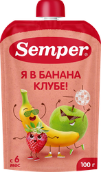 Пюре фруктовое SEMPER Банан, клубника и яблоко, с 6 месяцев, 100г, фотография