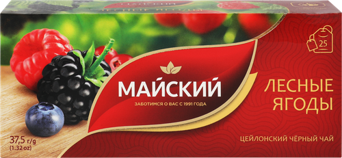Чай черный МАЙСКИЙ Лесные Ягоды байховый, 25х1,5г, крупный план