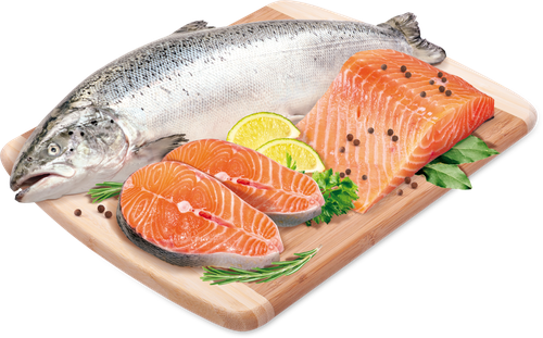 Лосось Атлантический потрошеный (из замороженного сырья) 3–6кг ЛЕНТА FRESH, весовой, крупный план