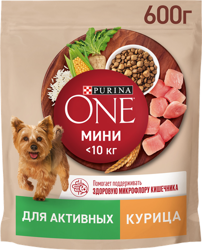 Корм сухой для взрослых собак PURINA ONE для мелких пород с активных образом жизни, с высоким содержанием курицы и с рисом, 600г, изображение