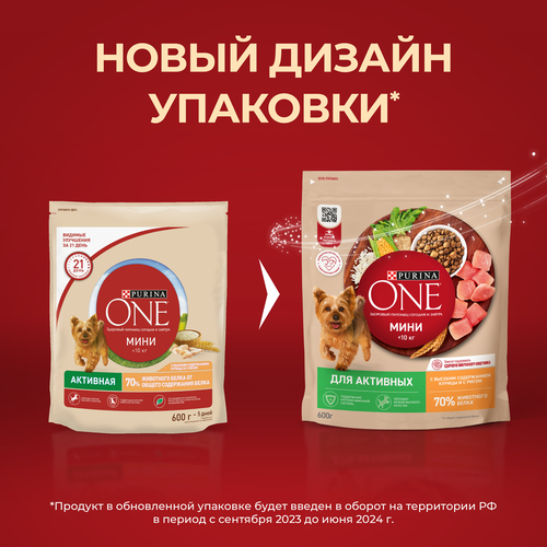 Корм сухой для взрослых собак PURINA ONE для мелких пород с активных образом жизни, с высоким содержанием курицы и с рисом, 600г, фотография