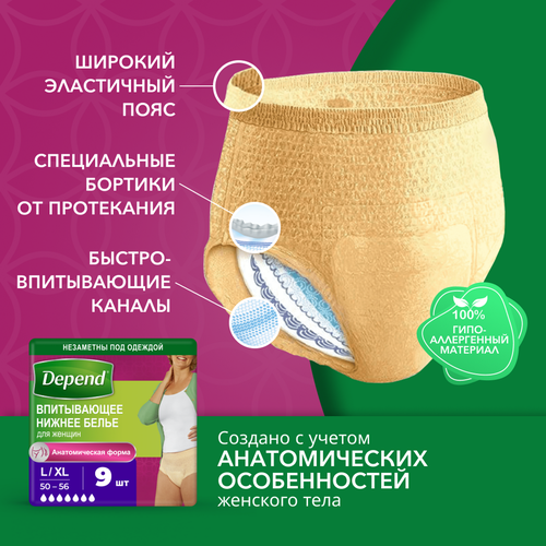 Белье впитывающее женское DEPEND L/XL, 9шт, детальное фото