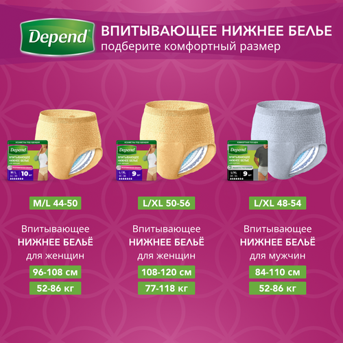 Белье впитывающее женское DEPEND L/XL, 9шт, картинка