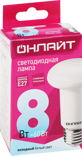 Лампа светодиодная ОНЛАЙТ R63 8Вт E27, холодный свет, картинка
