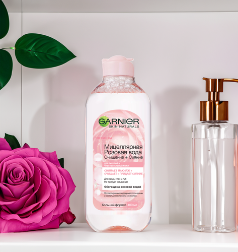 Вода мицеллярная для лица GARNIER Розовая вода Очищение+Сияние, для тусклой и чувствительной кожи, 400мл, детальное фото