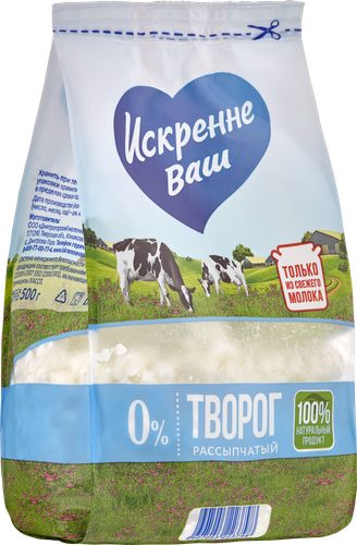 Творог рассыпчатый ИСКРЕННЕ ВАШ обезжиренный, без змж, 500г, картинка