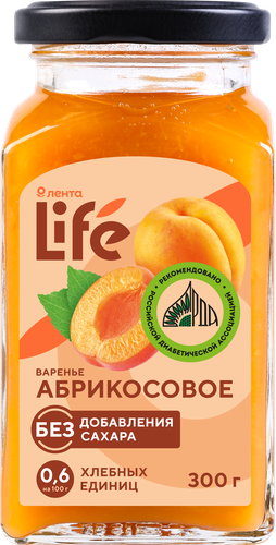 Варенье ЛЕНТА LIFE Абрикосовое, без сахара, 300г, детальное фото