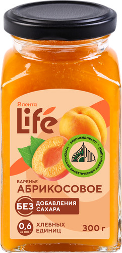 Варенье ЛЕНТА LIFE Абрикосовое, без сахара, 300г, крупный план