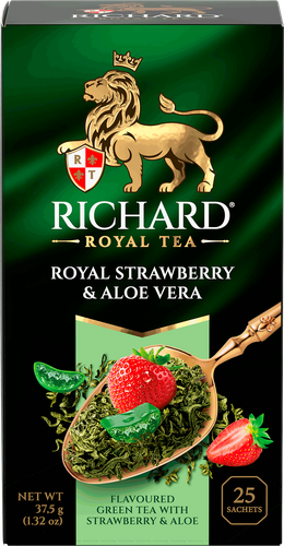 Чай зеленый RICHARD Royal Strawberry&Aloe Vera арома, 25пак, крупный план