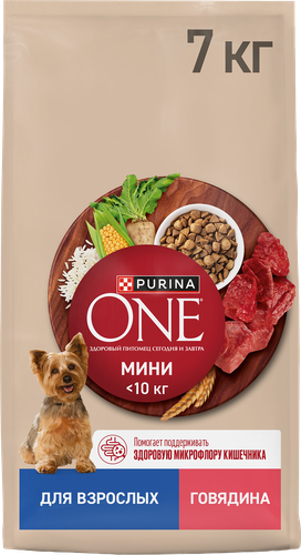 Корм сухой для собак PURINA ONE Мини, для мелких и карликовых пород, с высоким содержанием говядины и с рисом, 7кг, изображение