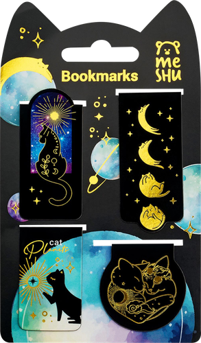 Закладки магнитные для книг MESHU Moon cat, софт-тач, фольга, 4шт, вид