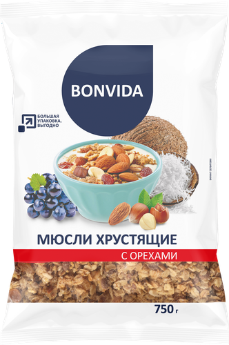 Мюсли хрустящие BONVIDA с орехами, 750г, изображение