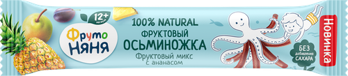 Фруктовые кусочки ФРУТОНЯНЯ Осьминожка, из груш, яблок, слив и ананасов, с 12 месяцев, 16г, изображение
