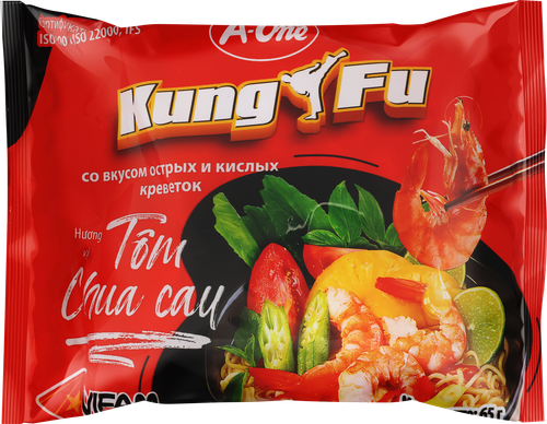 Лапша A-ONE Kung Fu, со вкусом острых и кислых креветок, 65г, картинка