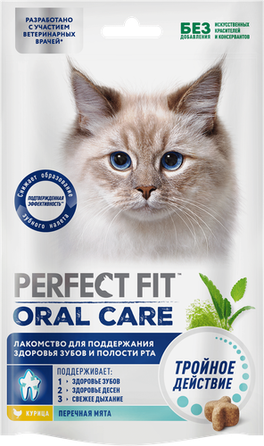 Лакомство для кошек PERFECT FIT Oral Care с курицей и добавлением мяты, 50г, фотография