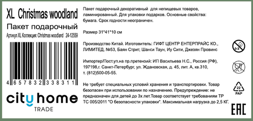 Пакет подарочный CITY HOME TRADE Christmas Woodland 41х31х10см, детальное фото