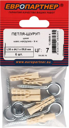 Петля-шуруп ЕВРОПАРТНЕР 4,1х30 оцинкованная 6 шт, детальное фото