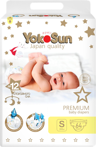 Подгузники YOKOSUN Premium S, 3–6кг, 64шт, картинка