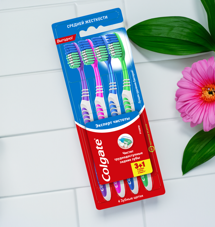 Зубная щетка COLGATE Эксперт чистоты многофункциональная, средней жесткости, 3+1, 4шт, предпросмотр