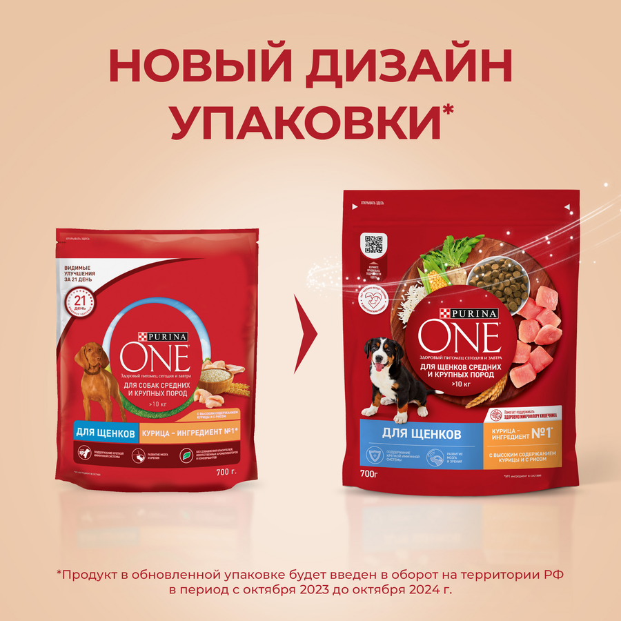 Корм сухой для щенков PURINA ONE для средних и крупных пород, с курицей и рисом, 700г, предпросмотр