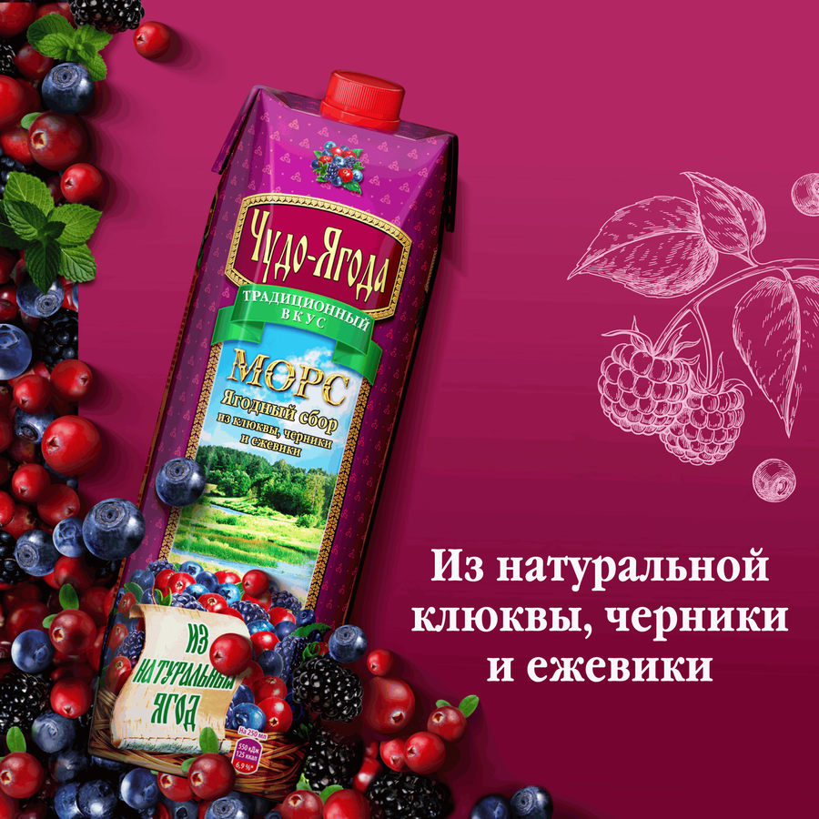 Морс ЧУДО-ЯГОДА Ягодный сбор Клюква, черника и ежевика, голубика, 0.97л, предпросмотр